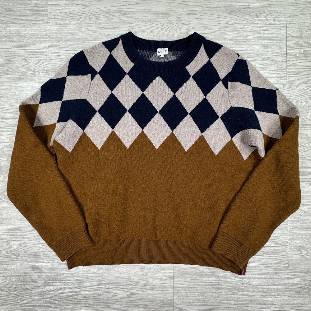 Kule Mens Sweater Argyle Crewneck Brown Navy Blue Medium Wool Cashmere Blend